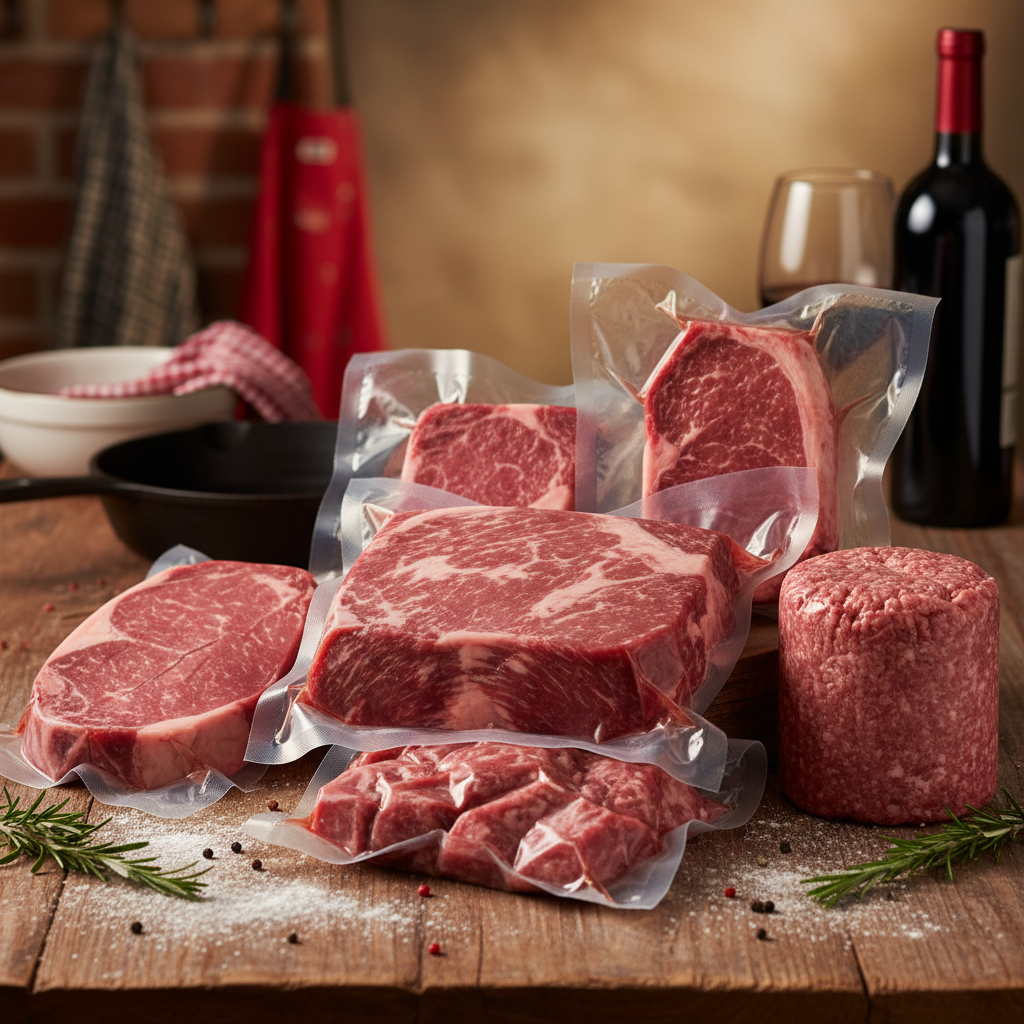 Sunday Roast Bundle - vacuum-sealed premium Angus beef packages including chuck roast, steaks, and ground beef
